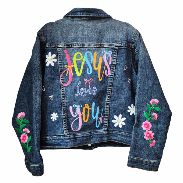 Jesus Loves You Vibrant Custom Christian Upcycled Denim Jacket, Kids 12