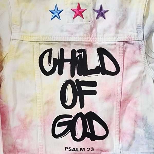 I Am A Child of God Custom Upcycled Christian Girl's Pastel Tie Dye Jean Jacket, Kids 4T