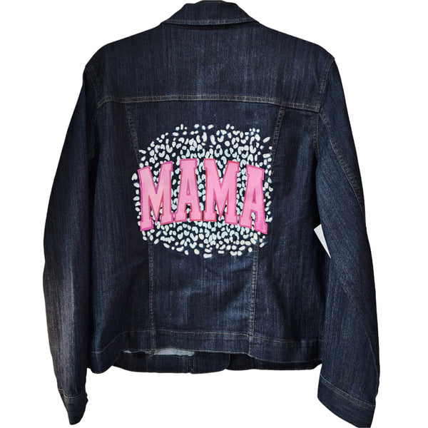 Mama Leopard Design Custom Upcycled Jean Jacket, Women's L