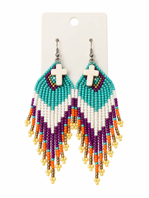 Hand Beaded Turquoise, Purple, and White Fringe Earrings Adorned with White Crosses