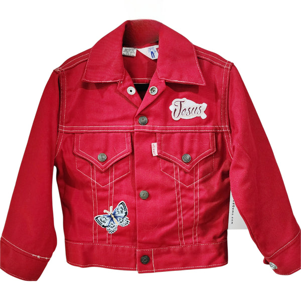 I Am a Child of God Custom Christian Upcycled Levi's Red Denim Jacket, Kids 6