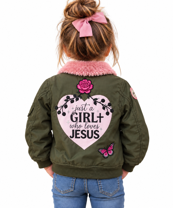 Just a Girl Who Loves Jesus Custom Christian Upcycled Bomber Jacket, Kids 6