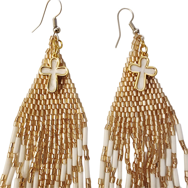Hand Beaded Fringe Earrings Adorned with Small Enamel Crosses - White/Gold