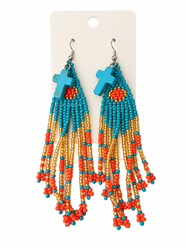 Hand Beaded Turquoise, Red, and Gold Fringe Earrings Adorned with Crosses