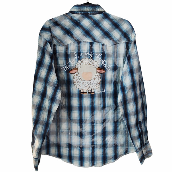 The Lord Is My Shepard Custom Upcycled Plaid Snap Button Western Wrangler Shirt, Women's L