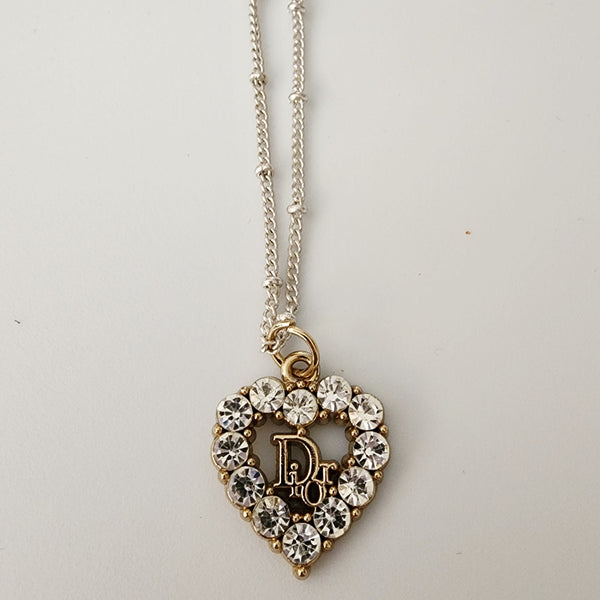 Designer Rhinestone Heart Charm on 18K White Gold-Filled Satellite Chain Necklace