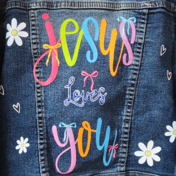 Jesus Loves You Vibrant Custom Christian Upcycled Denim Jacket, Kids 12