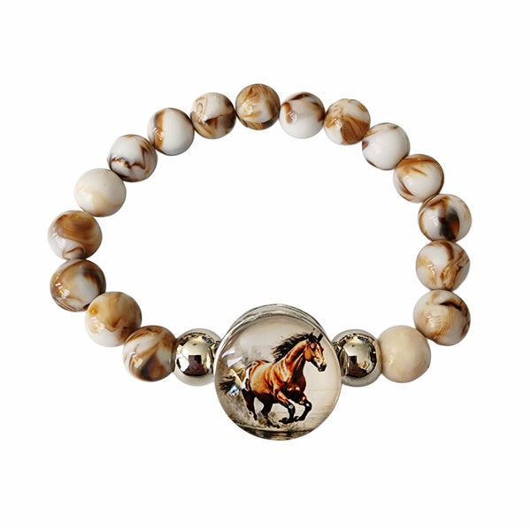 Beaded Stretch Bracelet with Interchangable Horse Snap Charm - Tan