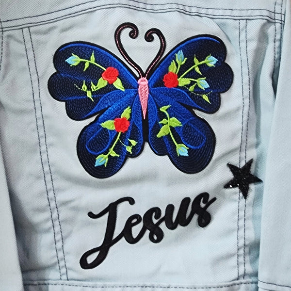 Jesus Butterfly Custom Christian Motif Upcycled Pale Blue Levi's Denim Jacket, Kids 6