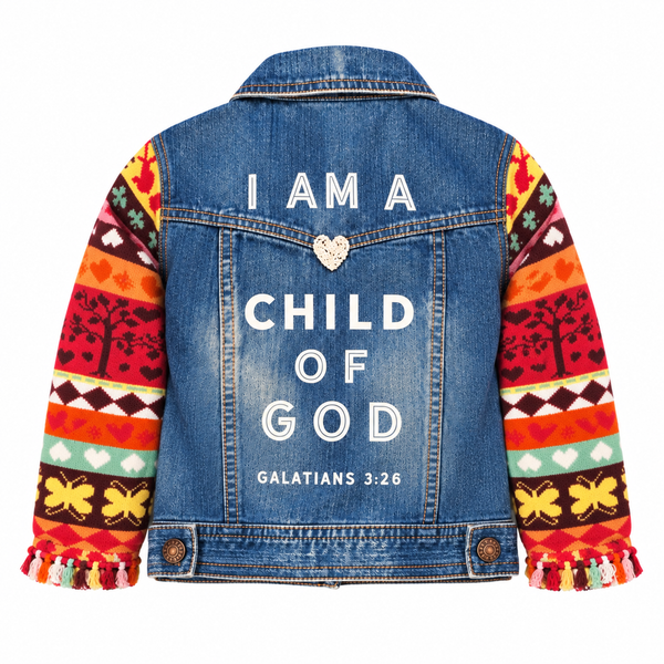 I Am A Child of God Upcycled Christian Girl's Sweater Sleeve Jean Jacket, 4T
