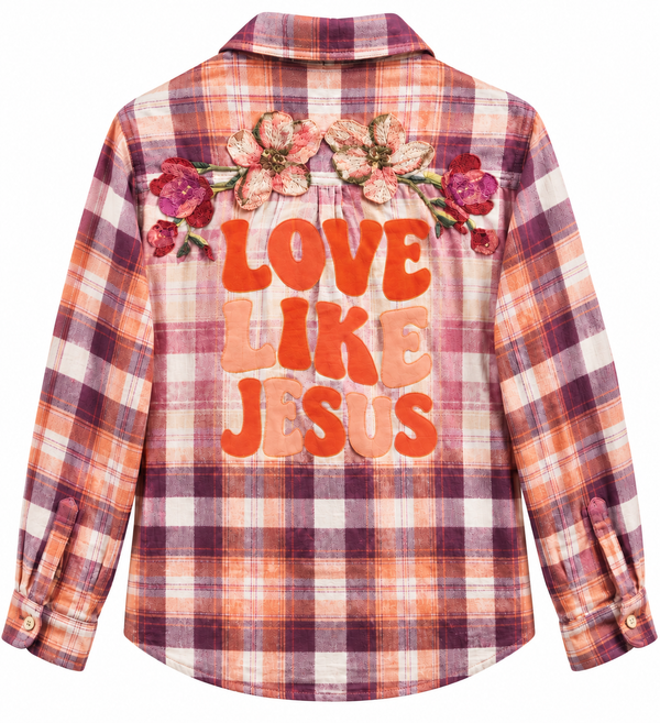 Love Like Jesus Upcycled Christian Plaid Flannel Shirt, XL