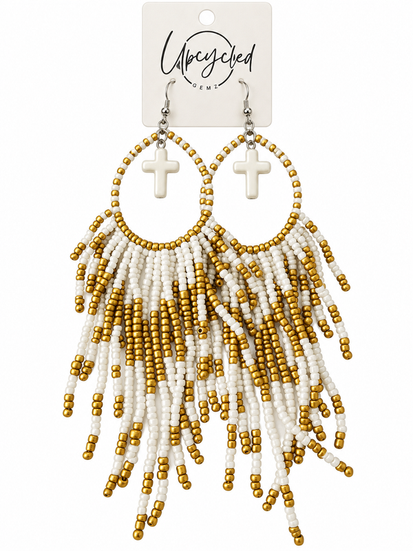 Hand Beaded White and Gold Round Fringe Earrings Adorned with Small Crosses