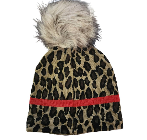 Leopard Red Stripe Sherpa Lined Beanie Pom Hat with Repurposed Patch Upcycled Designer Gemz 