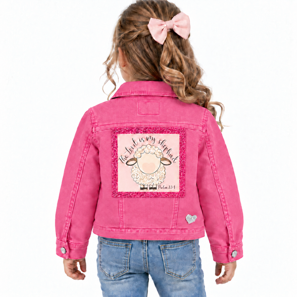 The Lord is my Shepherd Custom  Christian Motif Upcycled Jean Jacket, Kids M (8)