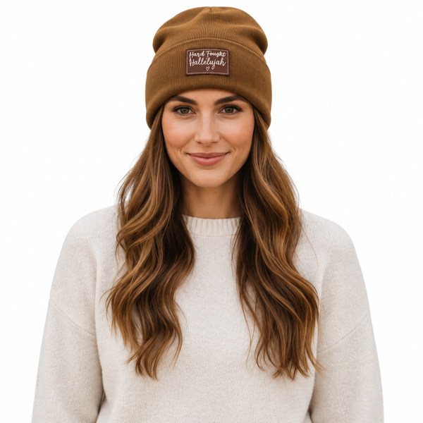 Hard Fought Hallelujah Vegan Leather Patch Upcycled Military Beanie, Unisex