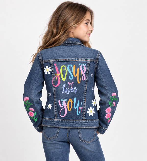 Jesus Loves You Vibrant Custom Christian Upcycled Denim Jacket, Kids 12