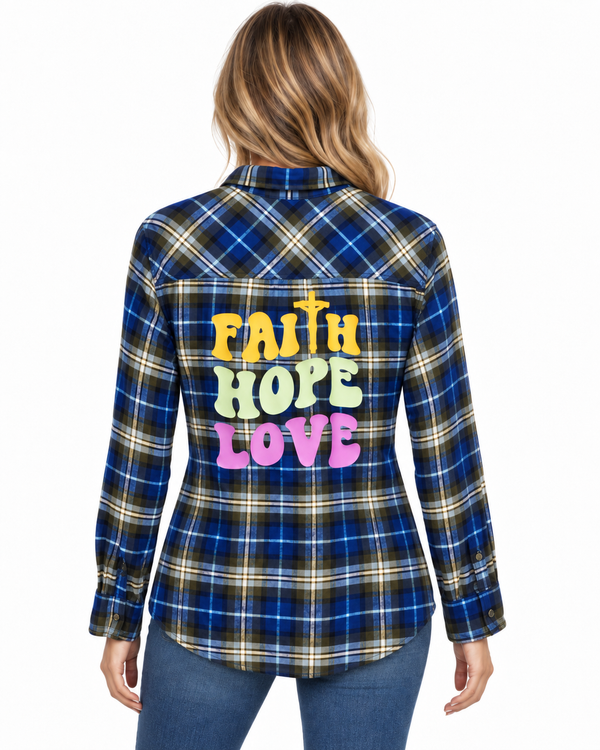 Faith, Hope, Love Repurposed Christian Theme Plaid Flannel Shirt, XL