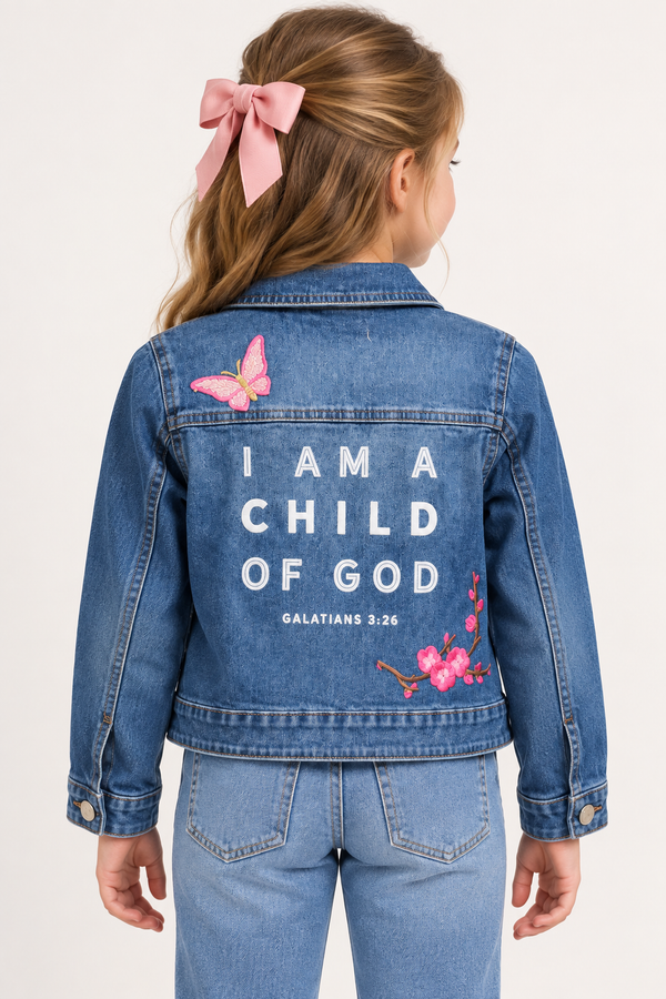 I Am a Child of God Custom Christian Upcycled Denim Jacket, Kids S (7/8)