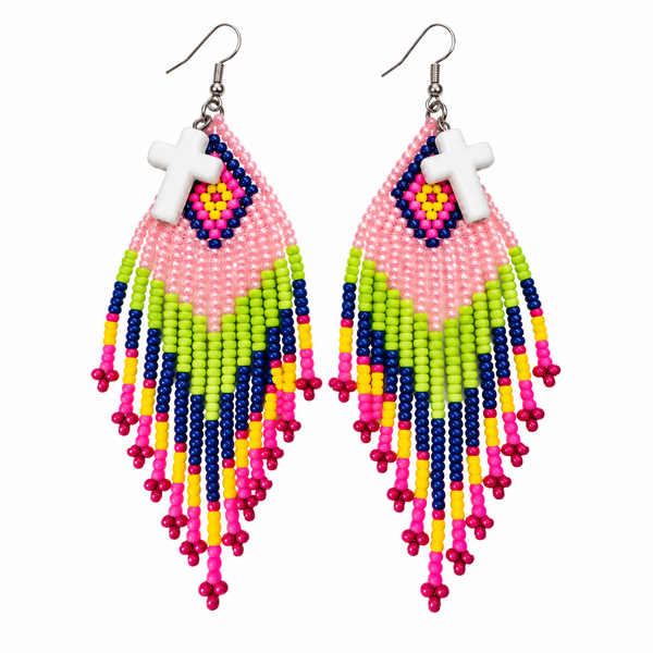 Hand Beaded Pink, Green, and White Fringe Earrings Adorned with Small White Crosses
