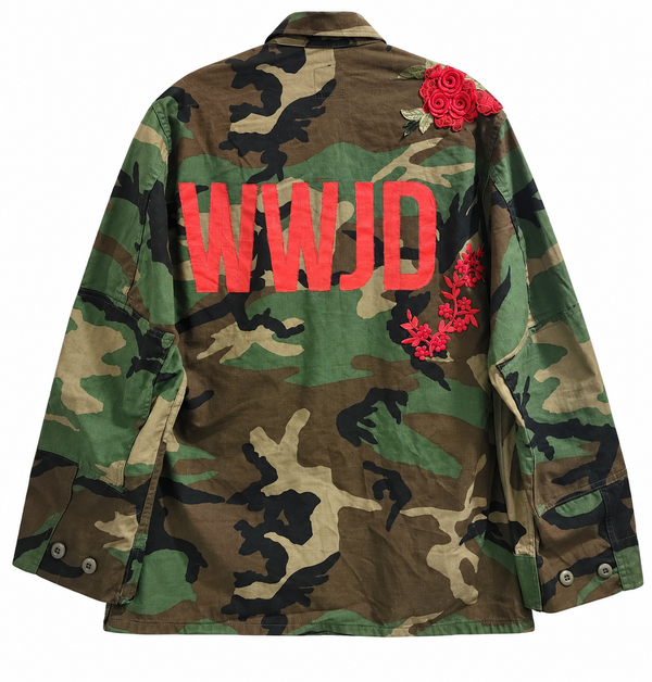WWJD Custom Christian Upcycled Military Camo Jacket, M/L