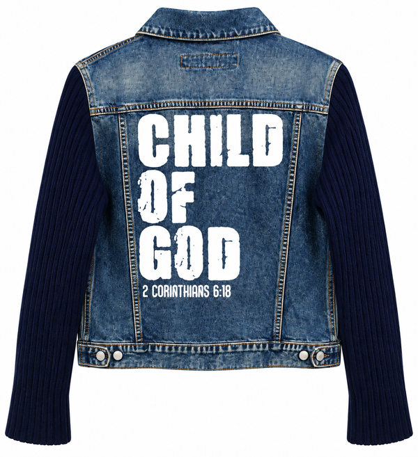 Child of God Custom Christian  Upcycled Guess Jeans Knit Sleeves Denim Jacket, XL