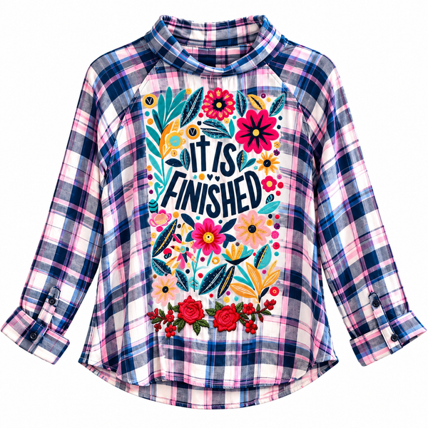 It Is Finished Repurposed Christian Theme Plaid Shirt, 3X