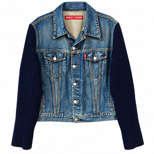 Child of God Custom Christian  Upcycled Guess Jeans Knit Sleeves Denim Jacket, XL