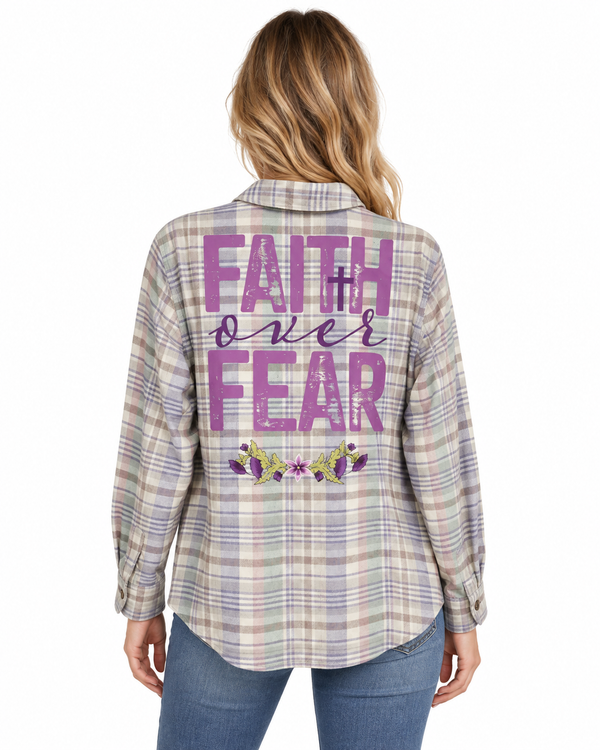 Faith Over Fear Repurposed Christian Theme Zip Front Shirt Jacket, 1X