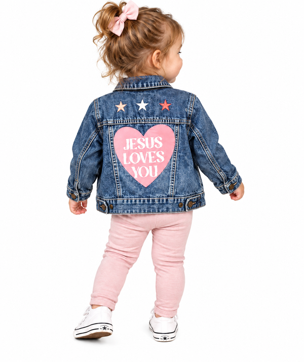 Jesus Loves You Custom Christian Upcycled Denim Jacket, Kids 18mos