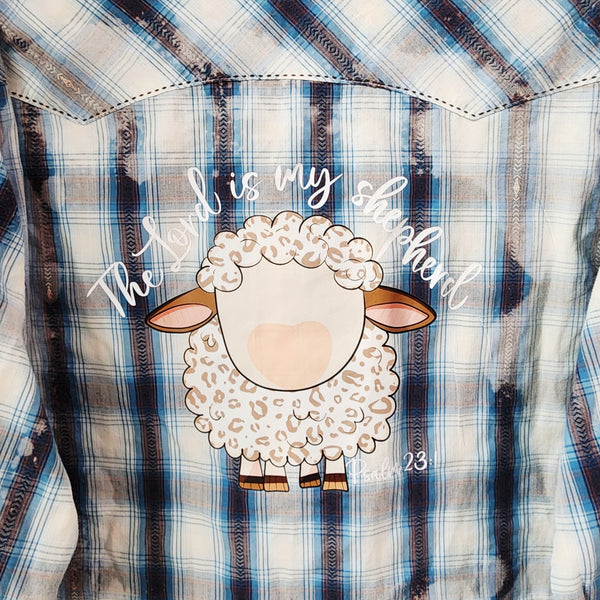 The Lord Is My Shepard Custom Upcycled Plaid Snap Button Western Wrangler Shirt, Women's L
