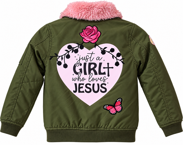 Just a Girl Who Loves Jesus Custom Christian Upcycled Bomber Jacket, Kids 6