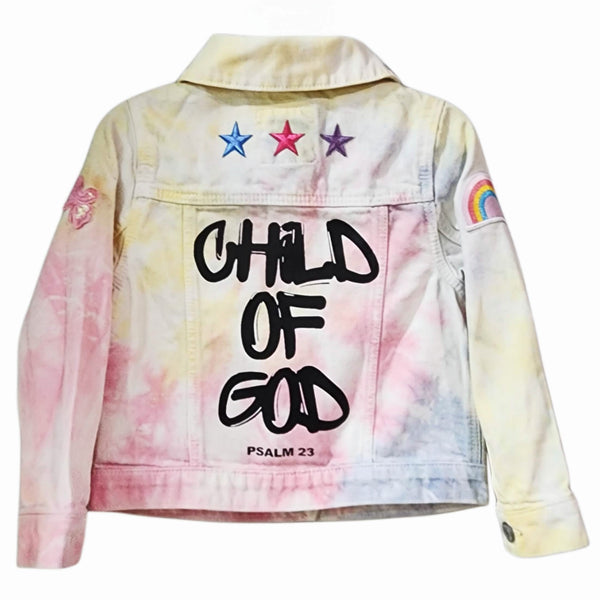 I Am A Child of God Custom Upcycled Christian Girl's Pastel Tie Dye Jean Jacket, Kids 4T