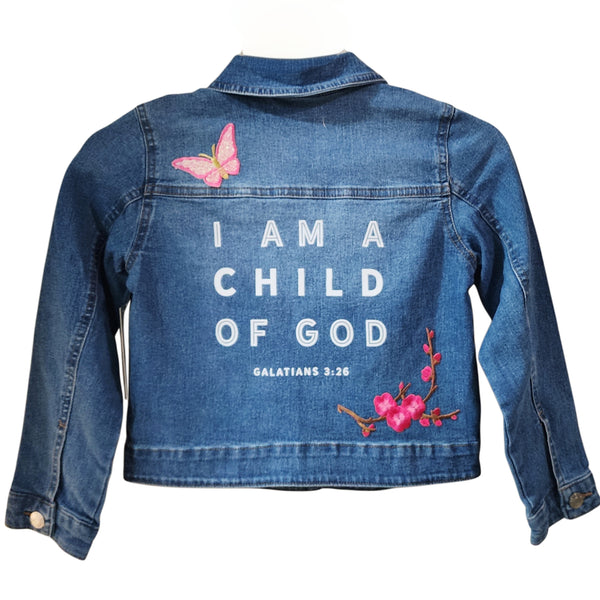 I Am a Child of God Custom Christian Upcycled Denim Jacket, Kids S (7/8)