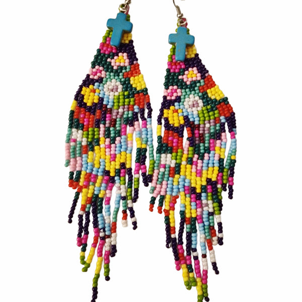 Hand Beaded Floral Fringe Earrings Adorned with Small Turquoise Crosses - Multicolor