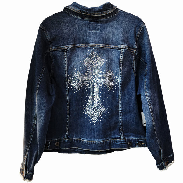 Rhinestone Cross Custom Back Upcycled Jean Jacket, Women's 2X