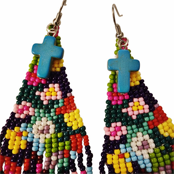 Hand Beaded Floral Fringe Earrings Adorned with Small Turquoise Crosses - Multicolor