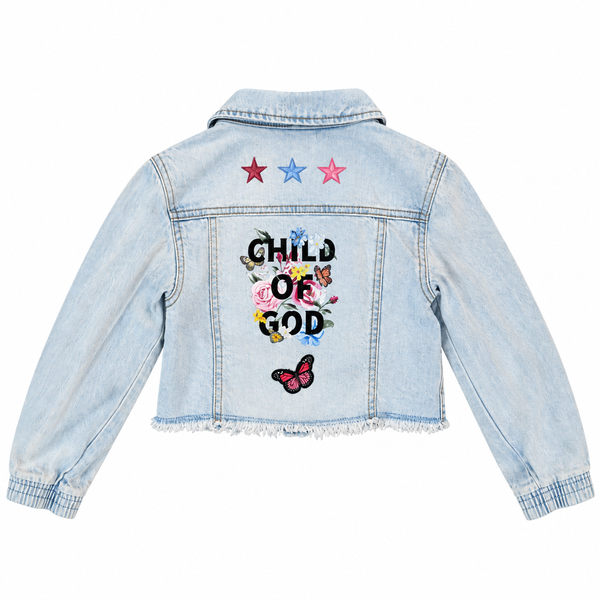 Child of God Custom Christian Upcycled Ligh Wash Denim Jacket, Kids XS 4/5