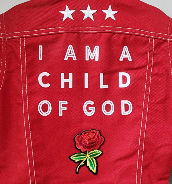 I Am a Child of God Custom Christian Upcycled Levi's Red Denim Jacket, Kids 6