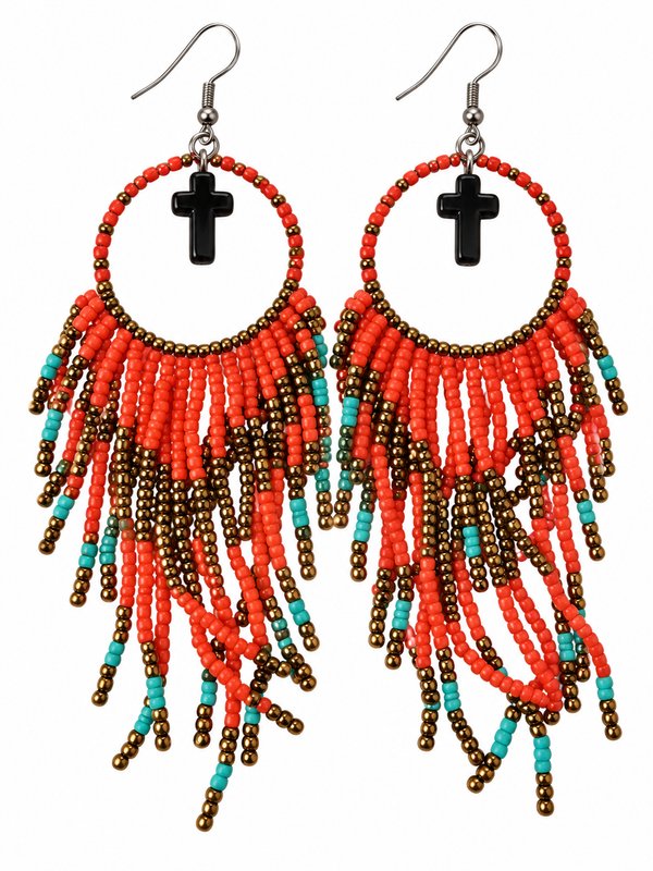 Hand Beaded Round Fringe Red, Turquoise, and Bronze Earrings Adorned with Small Black Crosses