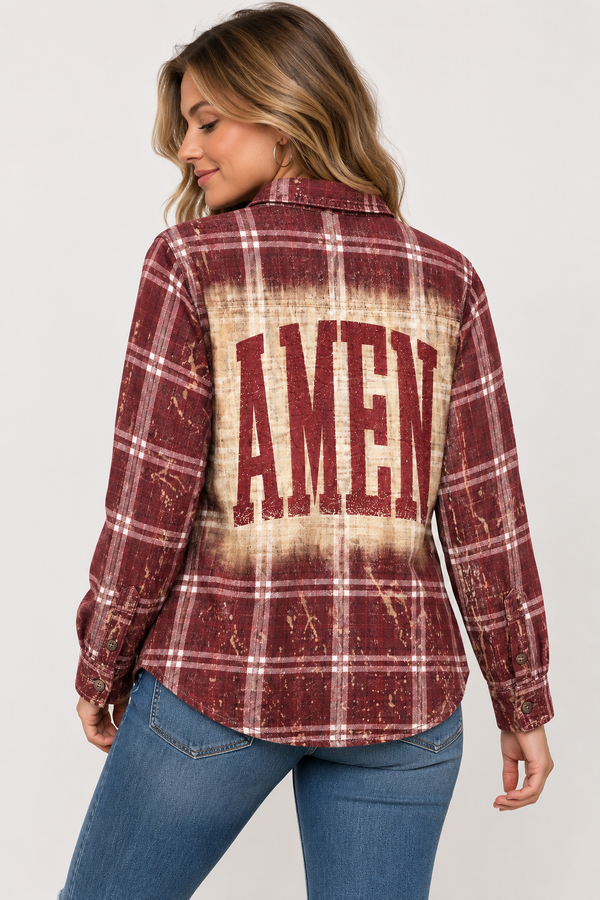Amen Custom Bleached Christian Upcycled Plaid Shirt, Women's S