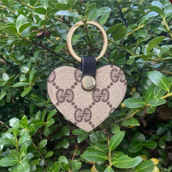 Heart Shaped Key Ring Adorned with Gucci Coated Canvas Upcycled Gemz 