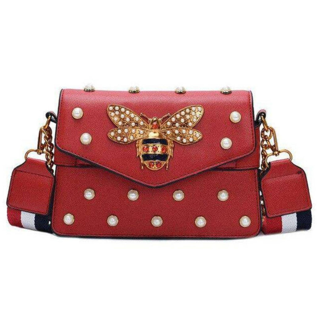 Gucci Bee Clasp Striped Leather Shoulder Bag in Red