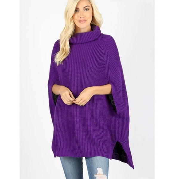 NWT Ribbed Turtleneck Poncho Sweater in Purple Sweater Glam Girl Fashion 