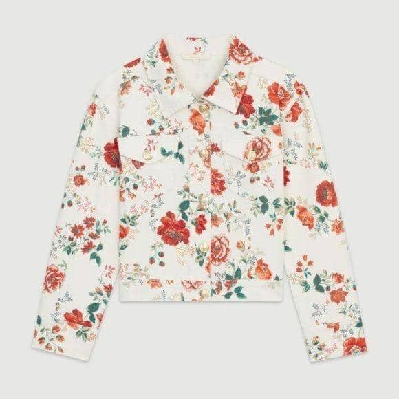 Maje Viflor Short White Floral Denim Jacket