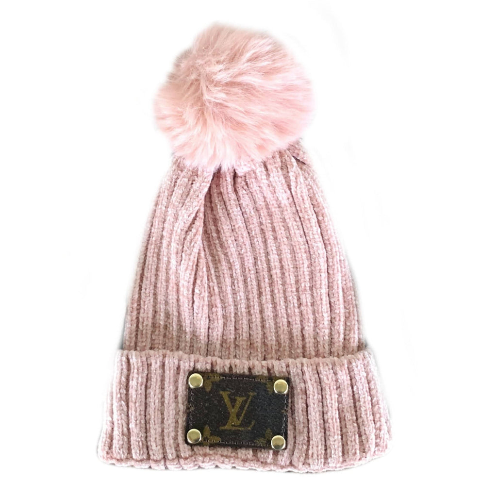 Off white Upcycled repurposed Louis Vuitton pom pom Beanie